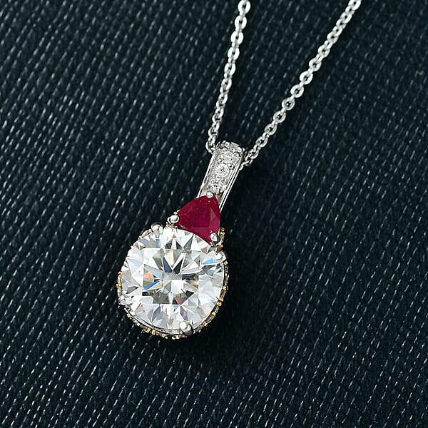 Shop Lc D'Joy Heart And Arrow Cut Moissanite And Niassa Ruby (FF) 3.70 Ctw Pendant Necklace In 18K Vermeil YG And Rhodium Over Sterling Silver 20 Inches