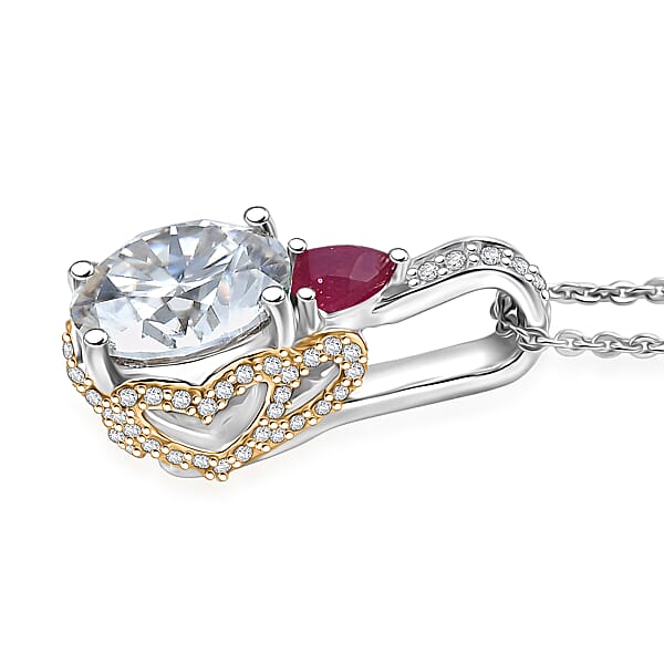 Shop Lc D'Joy Heart And Arrow Cut Moissanite And Niassa Ruby (FF) 3.70 Ctw Pendant Necklace In 18K Vermeil YG And Rhodium Over Sterling Silver 20 Inches