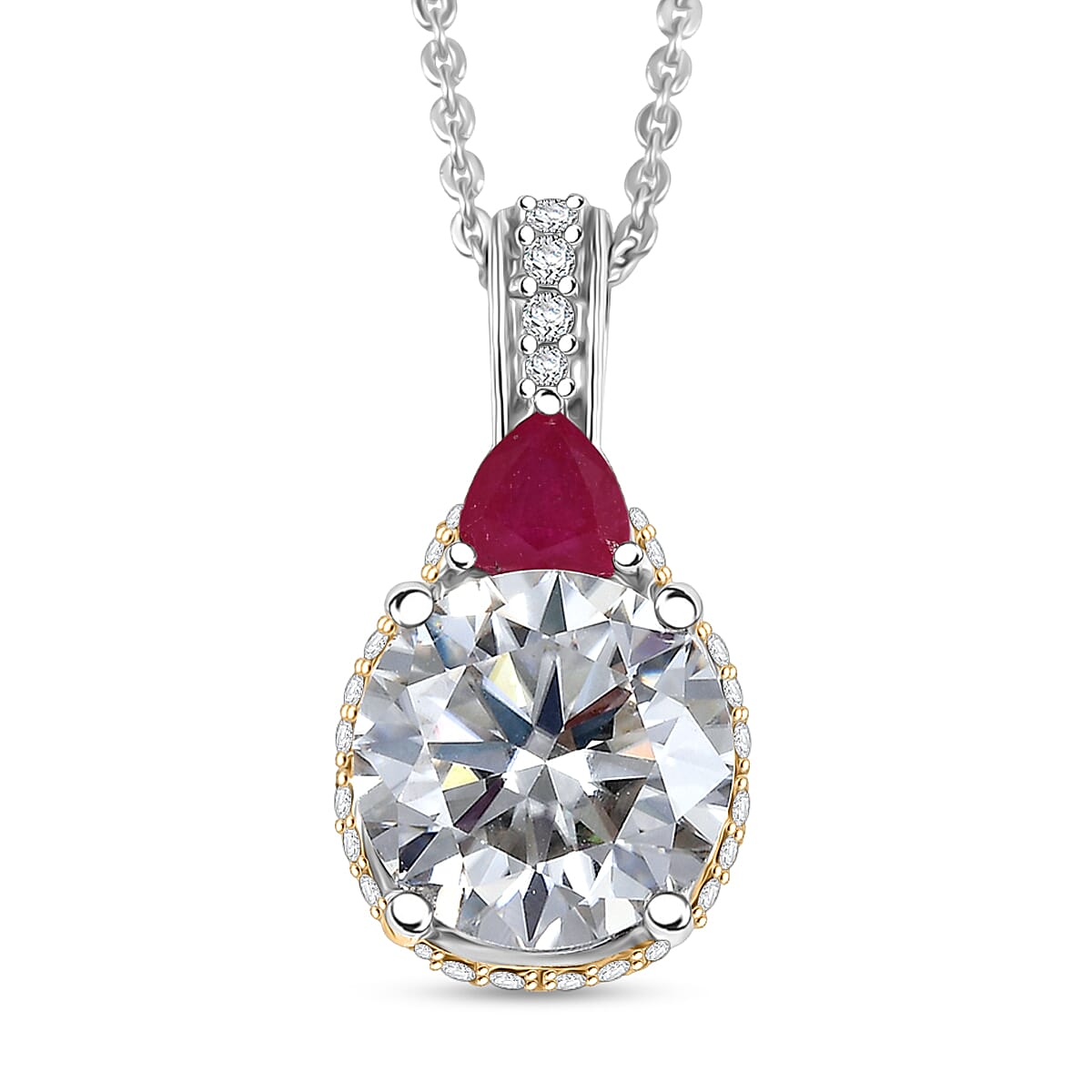 shop lc D'Joy Heart and Arrow Cut Moissanite and Niassa Ruby (FF) 3.70 ctw Pendant Necklace in 18K Vermeil YG and Rhodium Over Sterling Silver 20 Inches