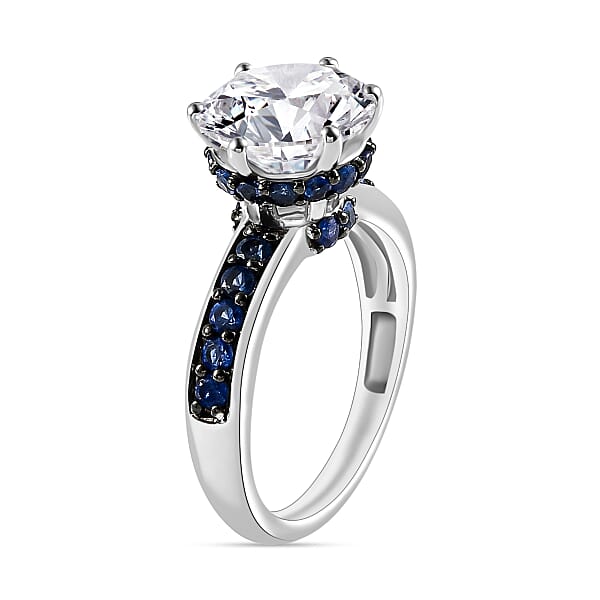 Shop Lc D'Joy Heart & Arrow Cut Moissanite And Blue Sapphire 4.85 Ctw Ring In Rhodium Over Sterling Silver (Del. In 10-12 Days)