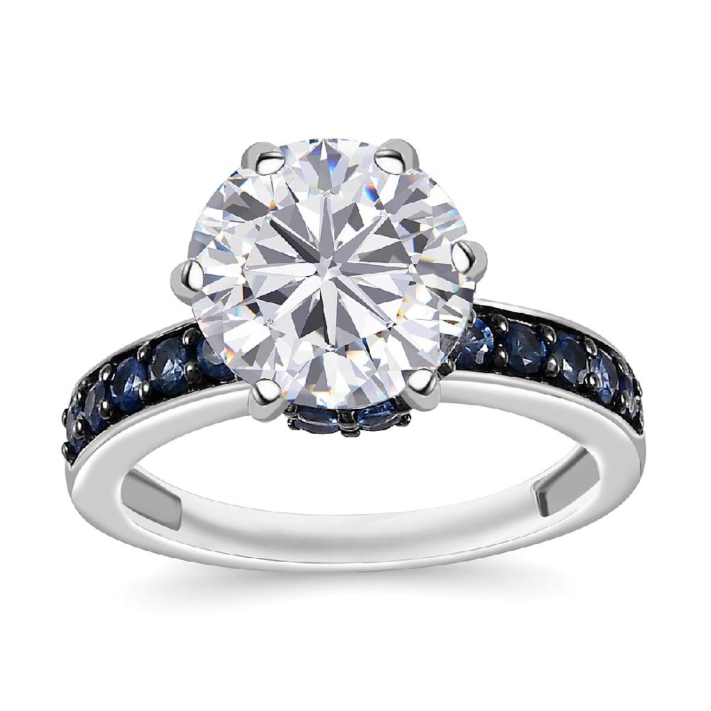 shop lc D'Joy Heart & Arrow Cut Moissanite and Blue Sapphire 4.85 ctw Ring in Rhodium Over Sterling Silver (Del. in 10-12 Days)