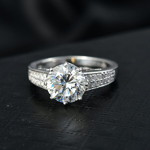 Shop Lc D'Joy Heart & Arrow Cut Strontium Titanate And Moissanite 4.50 Ctw Classic Solitaire Ring In Rhodium Over Sterling Silver