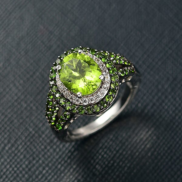 Shop Lc D'Joy Hebei Peridot And Multi Gemstone 3.80 Ctw Solar Flare Halo Ring In Platinum Over Sterling Silver