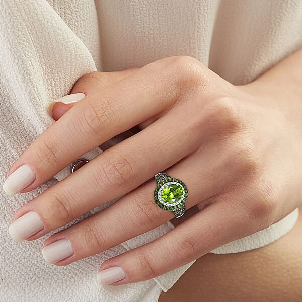 Shop Lc D'Joy Hebei Peridot And Multi Gemstone 3.80 Ctw Solar Flare Halo Ring In Platinum Over Sterling Silver