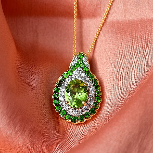 Shop Lc D'Joy Hebei Peridot And Multi Gemstone 4.20 Ctw Classic Ornate Oval Pendant Necklace In 18K Vermeil Yellow Gold Over Sterling Silver 20 Inches
