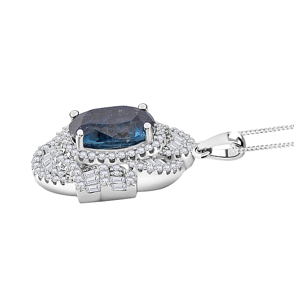 Shop Lc D'Joy Indigo Kyanite And Moissanite 5.25 Ctw Swirl Halo Pendant Necklace In Rhodium Over Sterling Silver 20 Inches