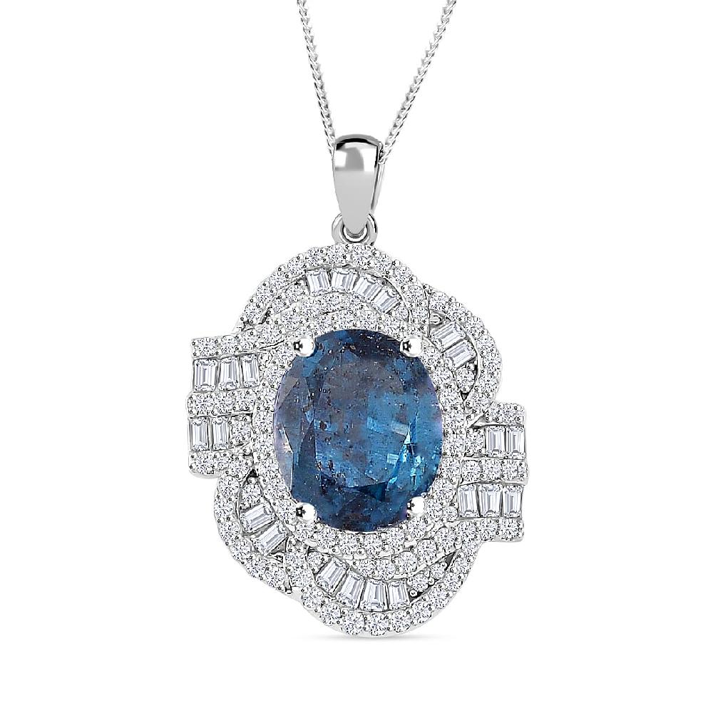 shop lc D'Joy Indigo Kyanite and Moissanite 5.25 ctw Swirl Halo Pendant Necklace in Rhodium Over Sterling Silver 20 Inches