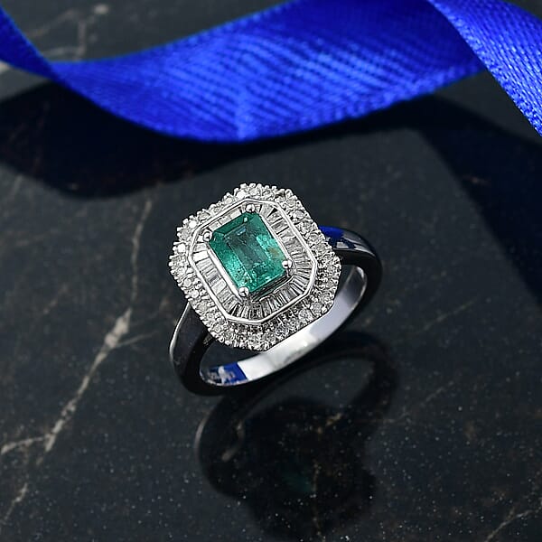 Shop Lc D'Joy Kagem Zambian Emerald Diamond Ring In Rhodium Over Sterling Silver 1.35 Ctw