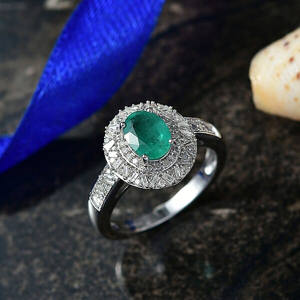 Shop Lc D'Joy Kagem Zambian Emerald Diamond Snowflake Ring In Rhodium Over Sterling Silver 1.60 Ctw