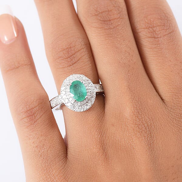 Shop Lc D'Joy Kagem Zambian Emerald Diamond Snowflake Ring In Rhodium Over Sterling Silver 1.60 Ctw