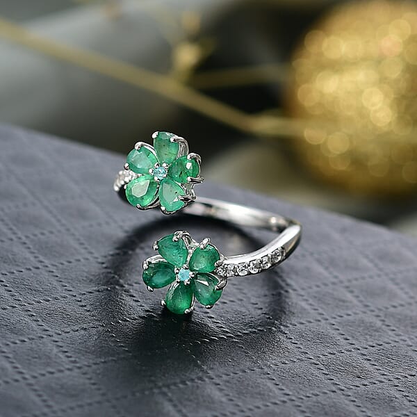 Shop Lc D'Joy Kagem Zambian Emerald Multi Gemstone Floral Ring In Rhodium Over Sterling Silver 1.60 Ctw