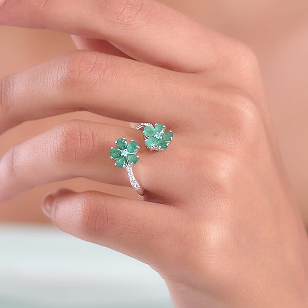 Shop Lc D'Joy Kagem Zambian Emerald Multi Gemstone Floral Ring In Rhodium Over Sterling Silver 1.60 Ctw