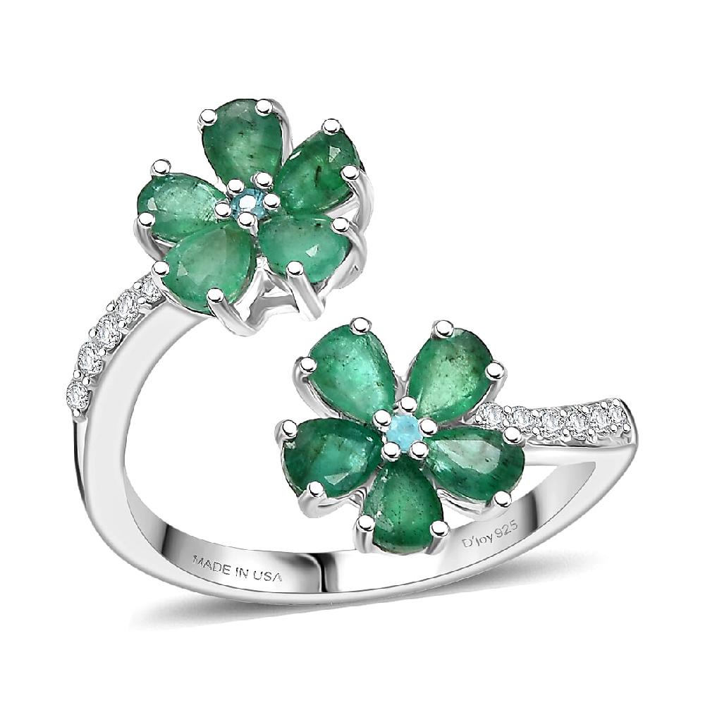 shop lc D'Joy Kagem Zambian Emerald Multi Gemstone Floral Ring in Rhodium Over Sterling Silver 1.60 ctw