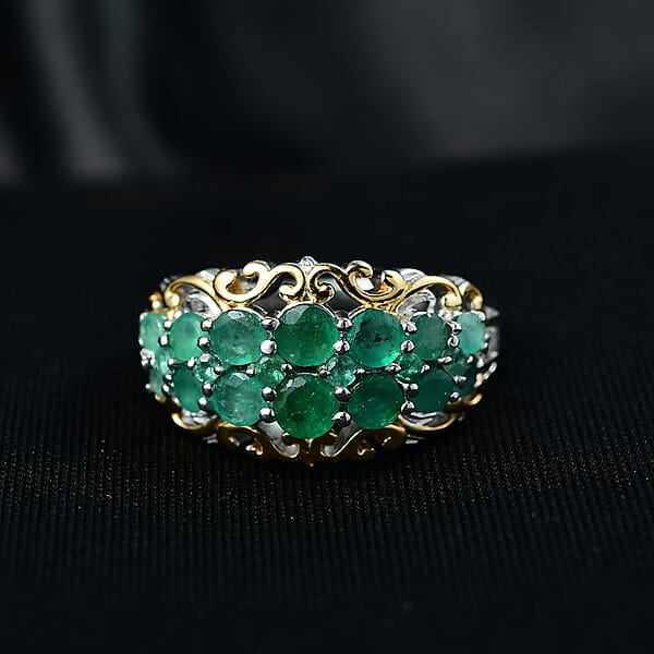 Shop Lc D'Joy Kagem Zambian Emerald White Zircon Ring In 18K Vermeil YG And Rhodium Over Sterling Silver 1.90 Ctw