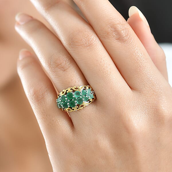 Shop Lc D'Joy Kagem Zambian Emerald White Zircon Ring In 18K Vermeil YG And Rhodium Over Sterling Silver 1.90 Ctw