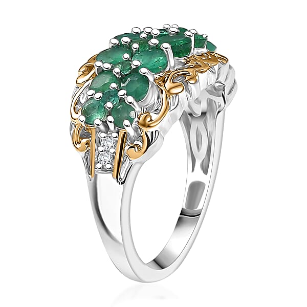 Shop Lc D'Joy Kagem Zambian Emerald White Zircon Ring In 18K Vermeil YG And Rhodium Over Sterling Silver 1.90 Ctw
