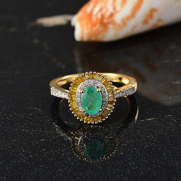 Shop Lc D'Joy Kagem Zambian Emerald Yellow Diamond Diamond Halo Ring In 18K Vermeil YG Over Sterling Silver 1.25 Ctw