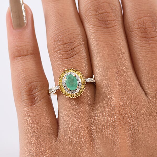 Shop Lc D'Joy Kagem Zambian Emerald Yellow Diamond Diamond Halo Ring In 18K Vermeil YG Over Sterling Silver 1.25 Ctw