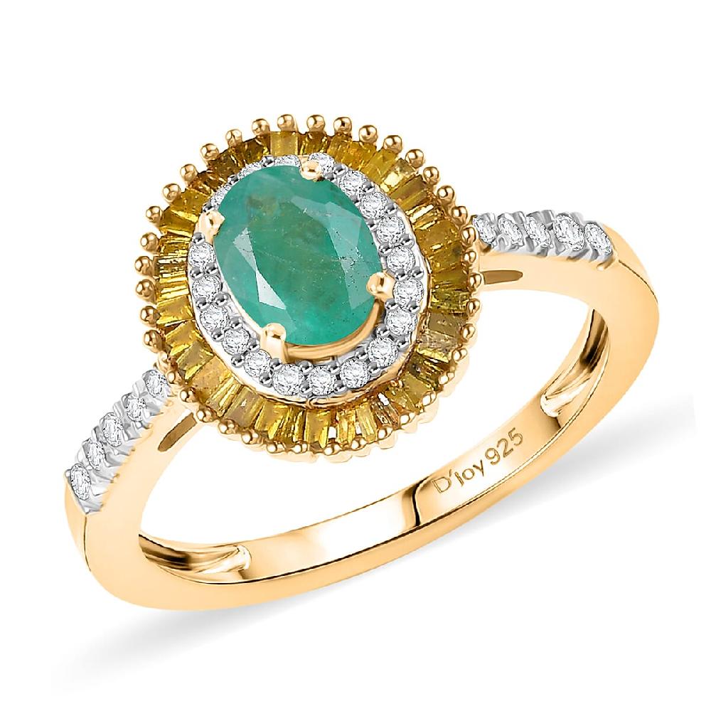 shop lc D'Joy Kagem Zambian Emerald Yellow Diamond Diamond Halo Ring in 18K Vermeil YG Over Sterling Silver 1.25 ctw