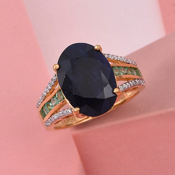 Shop Lc D'Joy Kanchanaburi Blue Sapphire (DF) And Multi Gemstone 7.00 Ctw Royal Gleam Ring In 18K Vermeil Yellow Gold Over Sterling Silver