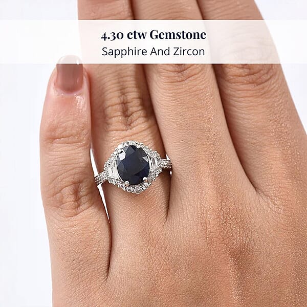 Shop Lc D'Joy Kanchanaburi Blue Sapphire (DF) White Zircon Ring In Rhodium Over Sterling Silver 4.30 Ctw