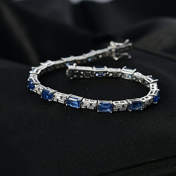 Shop Lc D'Joy Kashmir Kyanite And Moissanite 10.70 Ctw Linear Luxe Bracelet In Rhodium Over Sterling Silver (7.25 In)