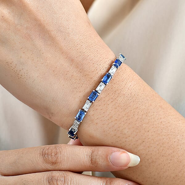 Shop Lc D'Joy Kashmir Kyanite And Moissanite 10.70 Ctw Linear Luxe Bracelet In Rhodium Over Sterling Silver (7.25 In)