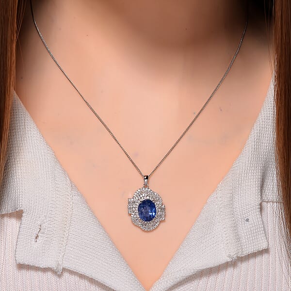 Shop Lc D'Joy Kashmir Kyanite And Moissanite 5.00 Ctw Swirl Halo Pendant Necklace In Rhodium Over Sterling Silver 20 Inches