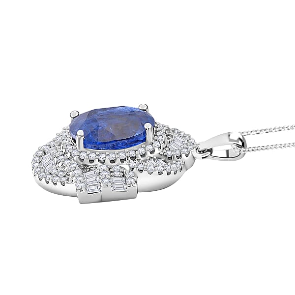 Shop Lc D'Joy Kashmir Kyanite And Moissanite 5.00 Ctw Swirl Halo Pendant Necklace In Rhodium Over Sterling Silver 20 Inches