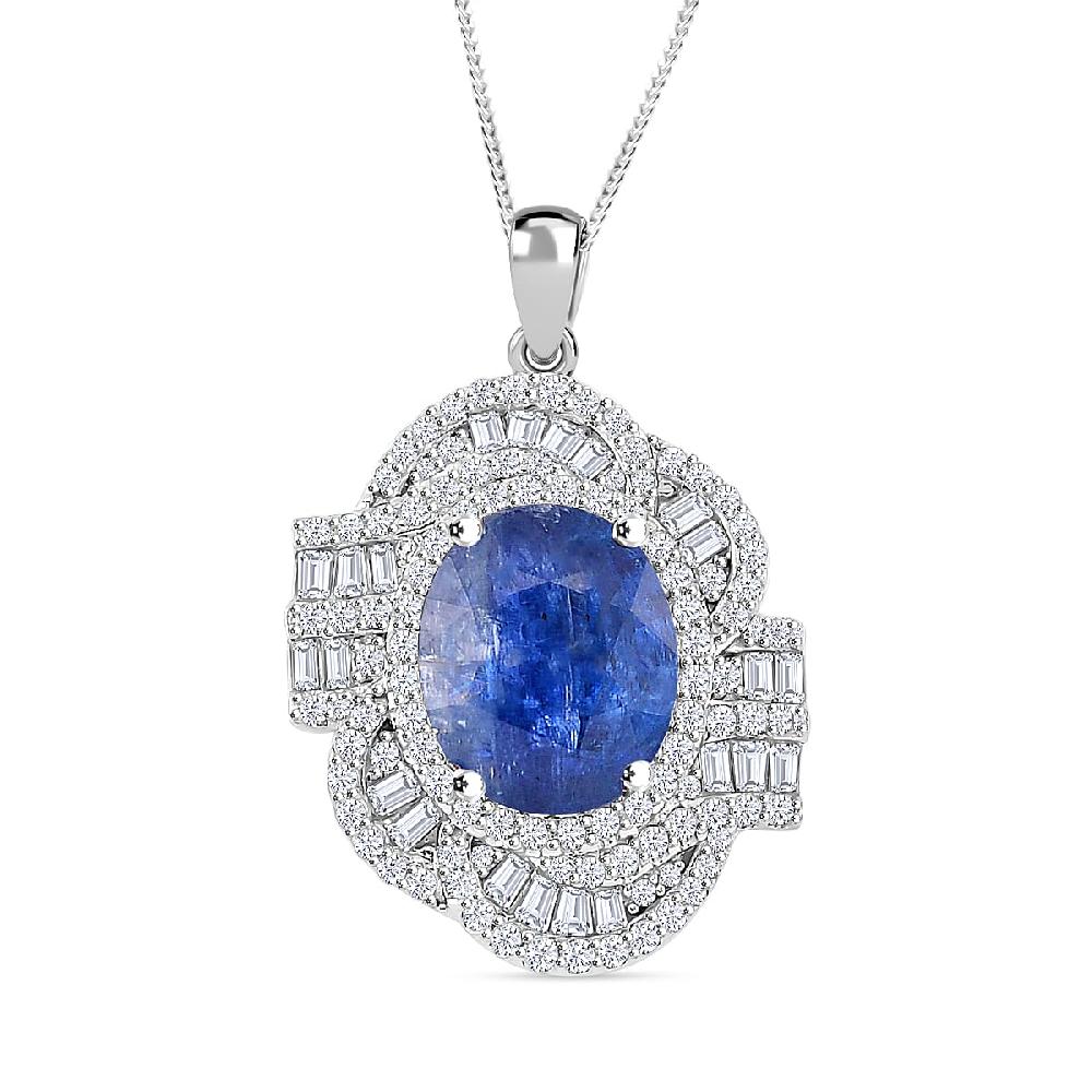 shop lc D'Joy Kashmir Kyanite and Moissanite 5.00 ctw Swirl Halo Pendant Necklace in Rhodium Over Sterling Silver 20 Inches