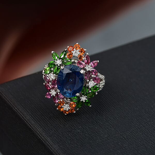 Shop Lc D'Joy Kashmir Kyanite And Multi Gemstone 7.40 Ctw Mystic Garden Ring In Rhodium Over Sterling Silver