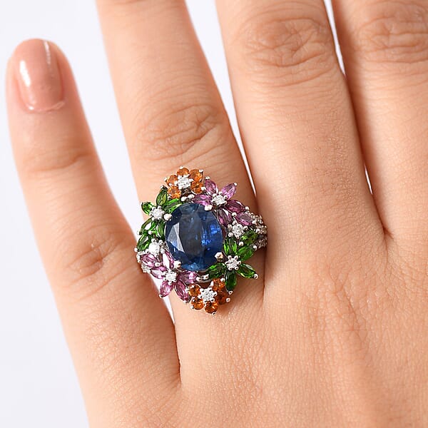 Shop Lc D'Joy Kashmir Kyanite And Multi Gemstone 7.40 Ctw Mystic Garden Ring In Rhodium Over Sterling Silver