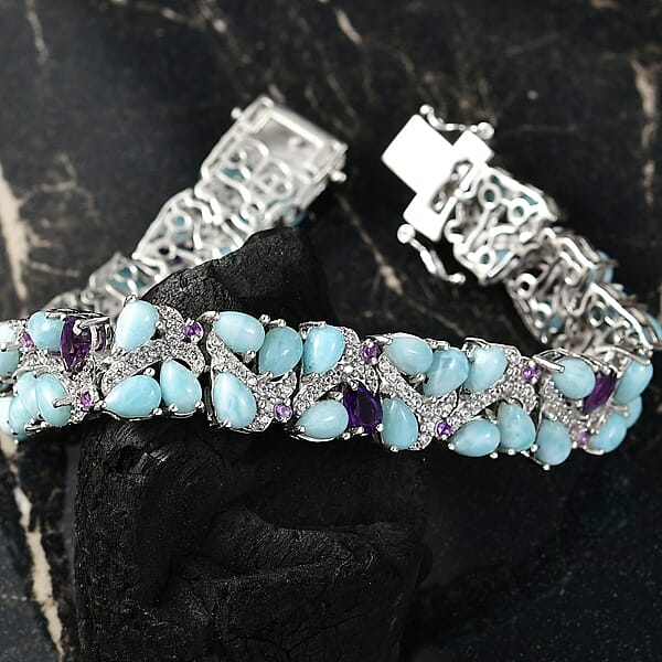 Shop Lc D'Joy Larimar And Multi Gemstone 31.00 Ctw Sea Waves Bracelet In Rhodium Over Sterling Silver (7.25 In)