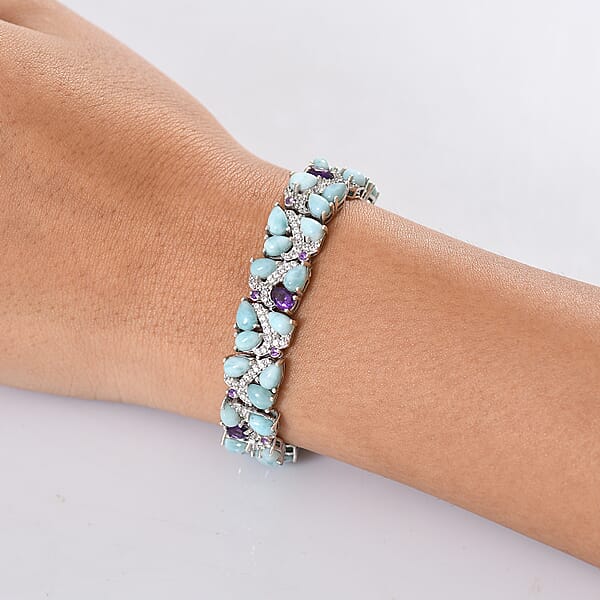 Shop Lc D'Joy Larimar And Multi Gemstone 31.00 Ctw Sea Waves Bracelet In Rhodium Over Sterling Silver (7.25 In)