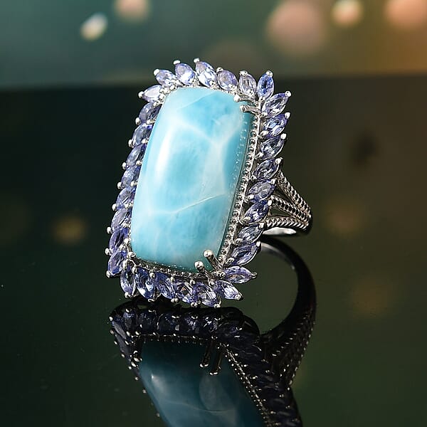 Shop Lc D'Joy Larimar And Tanzanite 20.80 Ctw Ocean Waves Ring In Rhodium Over Sterling Silver