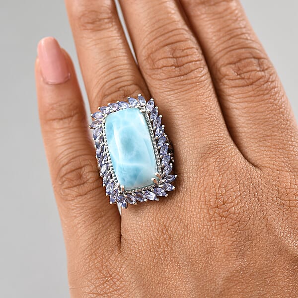 Shop Lc D'Joy Larimar And Tanzanite 20.80 Ctw Ocean Waves Ring In Rhodium Over Sterling Silver