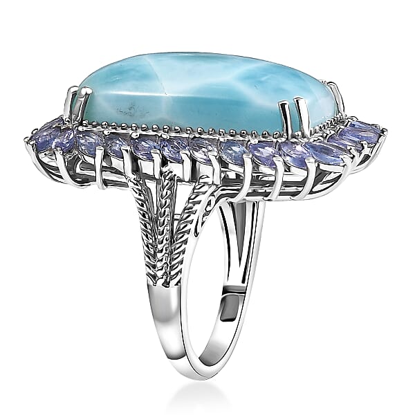 Shop Lc D'Joy Larimar And Tanzanite 20.80 Ctw Ocean Waves Ring In Rhodium Over Sterling Silver