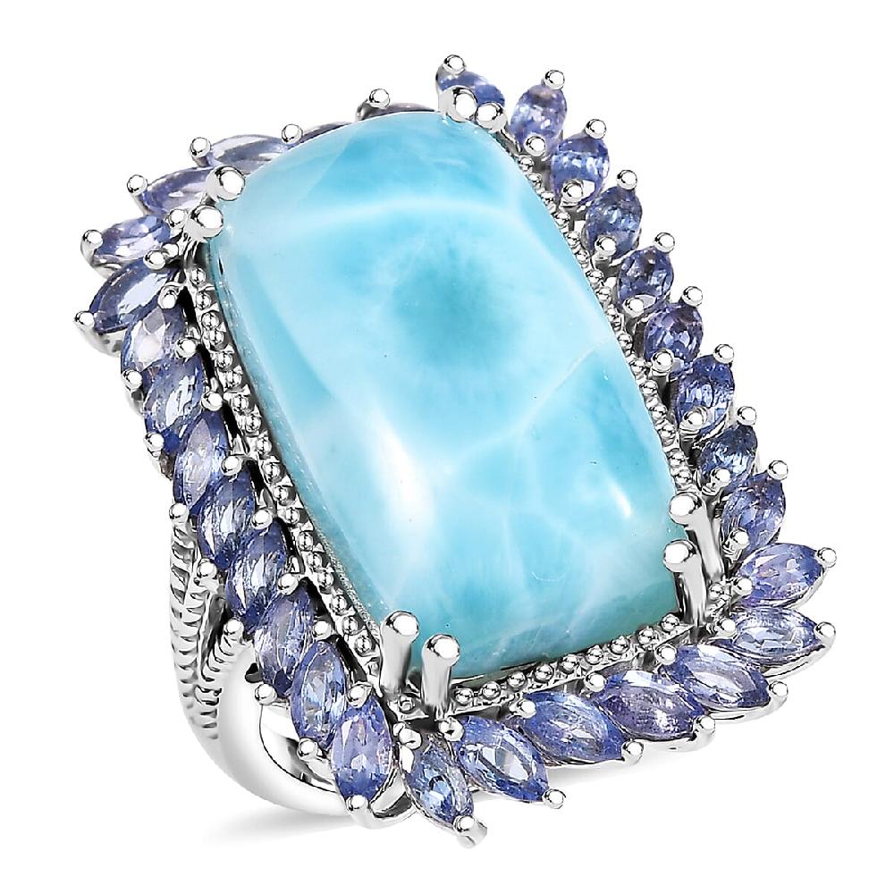 shop lc D'Joy Larimar and Tanzanite 20.80 ctw Ocean Waves Ring in Rhodium Over Sterling Silver