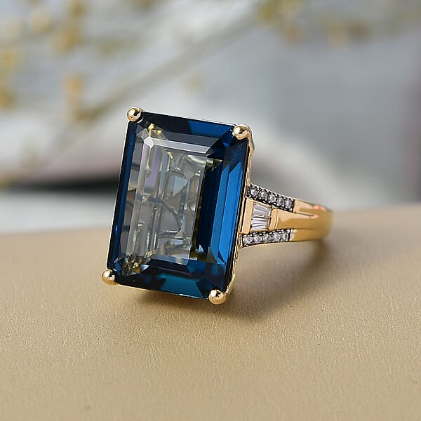 Shop Lc D'Joy London Blue Topaz And Moissanite 21.60 Ctw Midnight Elegance Ring In 18K Vermeil Yellow Gold Over Sterling Silver