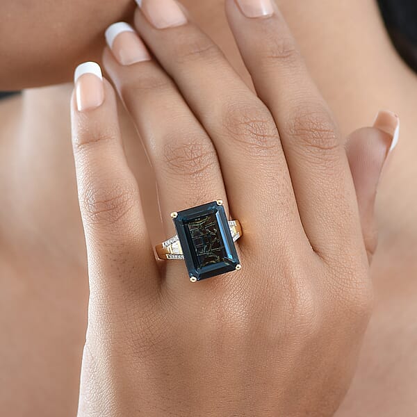 Shop Lc D'Joy London Blue Topaz And Moissanite 21.60 Ctw Midnight Elegance Ring In 18K Vermeil Yellow Gold Over Sterling Silver