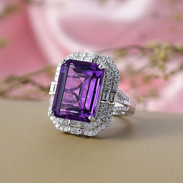 Shop Lc D'Joy Lusaka Amethyst And Moissanite 13.30 Ctw Crowned Oracle Ring In Rhodium Over Sterling Silver