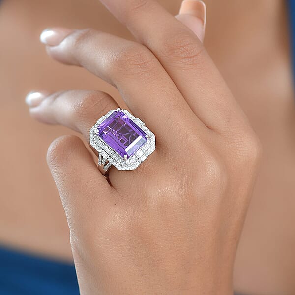 Shop Lc D'Joy Lusaka Amethyst And Moissanite 13.30 Ctw Crowned Oracle Ring In Rhodium Over Sterling Silver