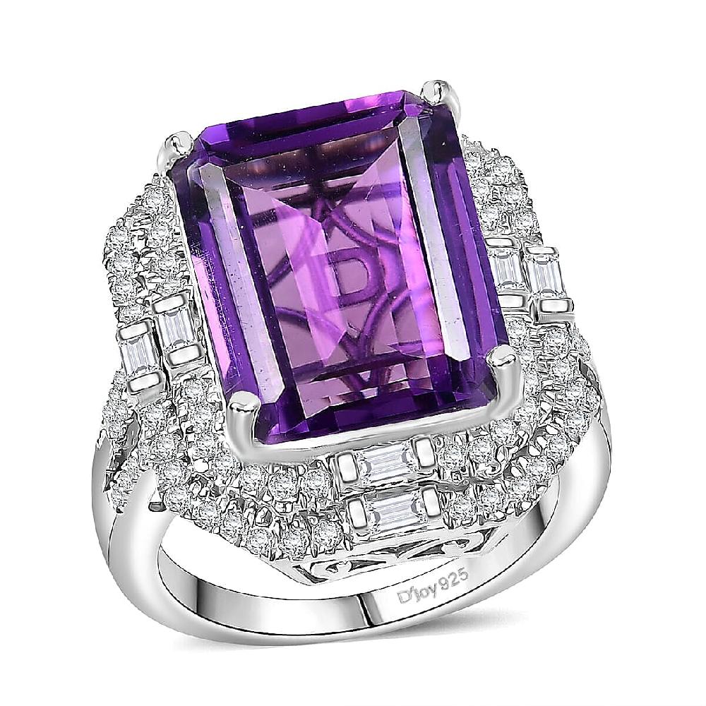 shop lc D'Joy Lusaka Amethyst and Moissanite 13.30 ctw Crowned Oracle Ring in Rhodium Over Sterling Silver