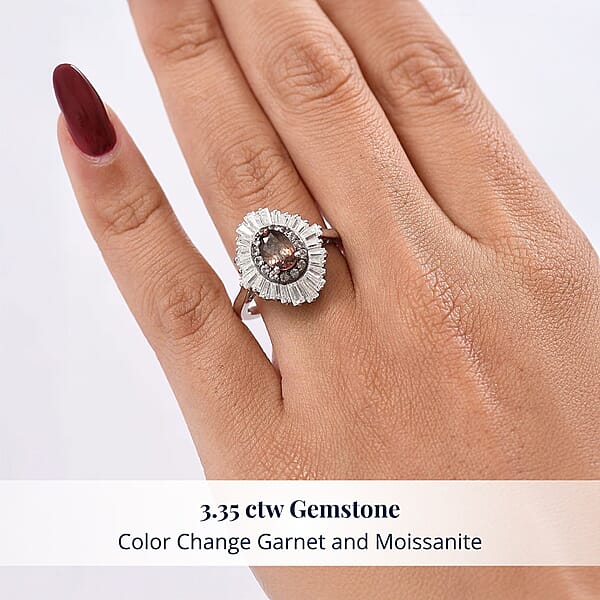 Shop Lc D'Joy Madagascar Color Change Garnet And Moissanite 3.35 Ctw Starburst Elegance Ring In Rhodium Over Sterling Silver