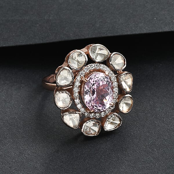 Shop Lc D'Joy Martha Rocha Kunzite Lab Grown Polki Diamond Ring In 18K Vermeil RG Over Sterling Silver 5.10 Ctw