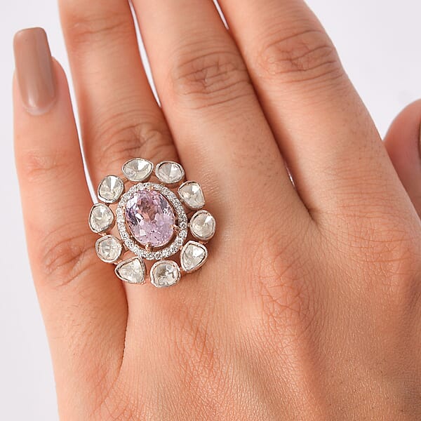 Shop Lc D'Joy Martha Rocha Kunzite Lab Grown Polki Diamond Ring In 18K Vermeil RG Over Sterling Silver 5.10 Ctw