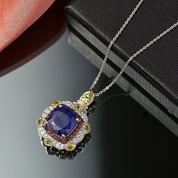 Shop Lc D'Joy Masoala Sapphire (D) And Multi Gemstone 7.60 Ctw Regal Bloom Pendant Necklace 20 Inches In 18K Vermeil YG And Rhodium Over Sterling Silver