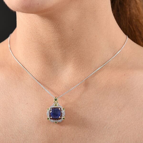 Shop Lc D'Joy Masoala Sapphire (D) And Multi Gemstone 7.60 Ctw Regal Bloom Pendant Necklace 20 Inches In 18K Vermeil YG And Rhodium Over Sterling Silver
