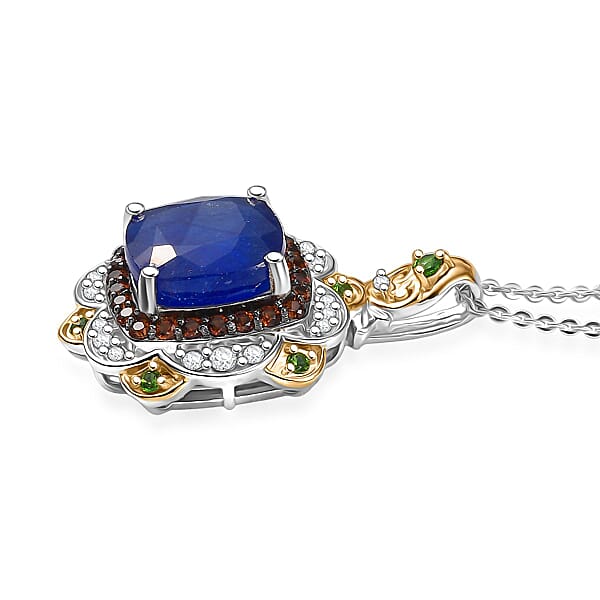 Shop Lc D'Joy Masoala Sapphire (D) And Multi Gemstone 7.60 Ctw Regal Bloom Pendant Necklace 20 Inches In 18K Vermeil YG And Rhodium Over Sterling Silver