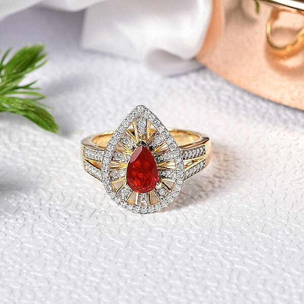 Shop Lc D'Joy Mexican Cherry Fire Opal And Moissanite 1.00 Ctw Art Deco Ring In 18K Vermeil Yellow Gold Over Sterling Silver